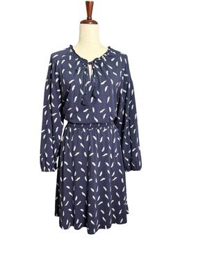 Garnet Hill Feather Print Boho Dress Organic Cotton Navy Long Sleeve Tassel Med